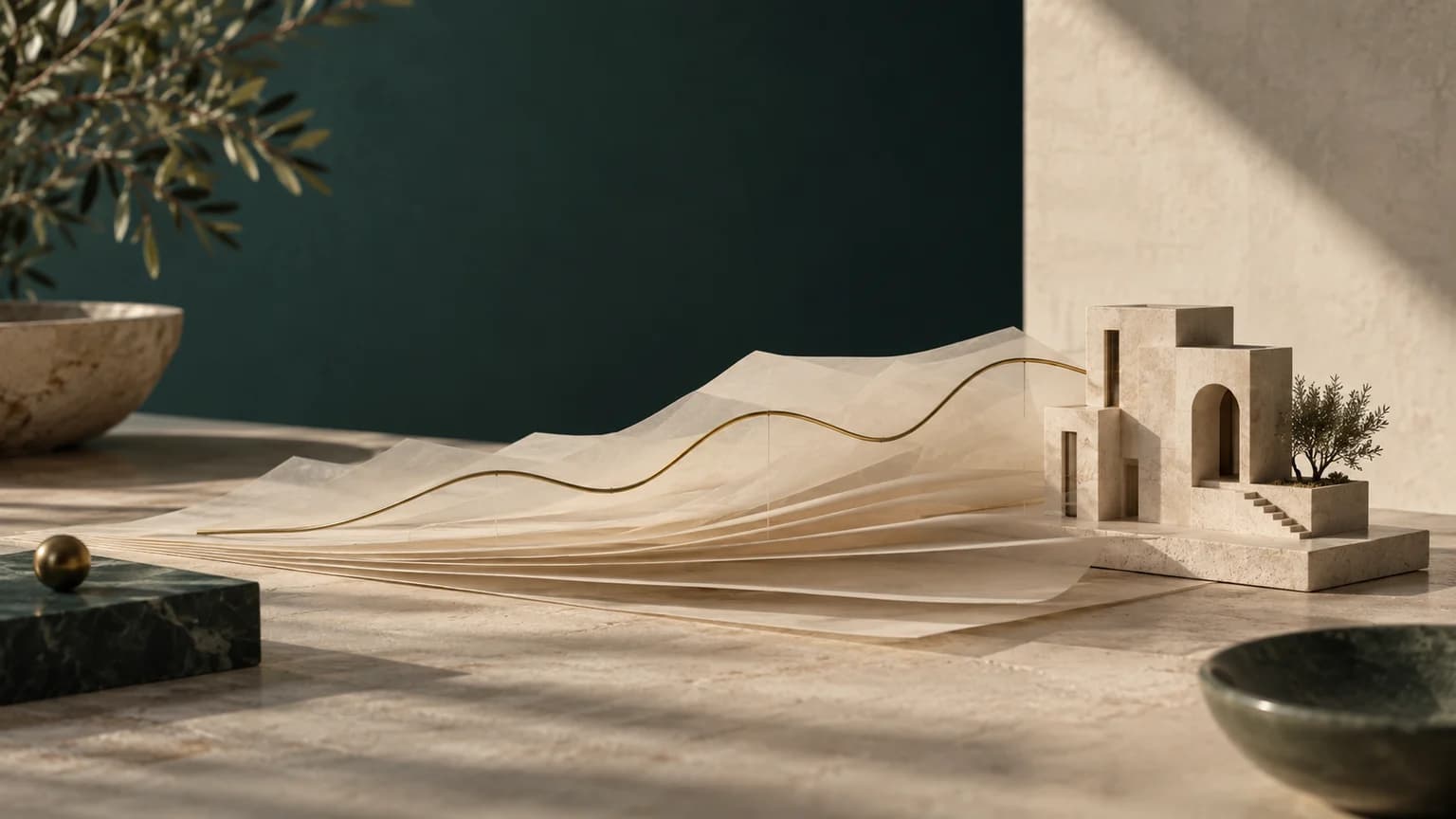 Maquette de bâtiment auprès de feuilles superposées, traversées par une courbe de laiton.