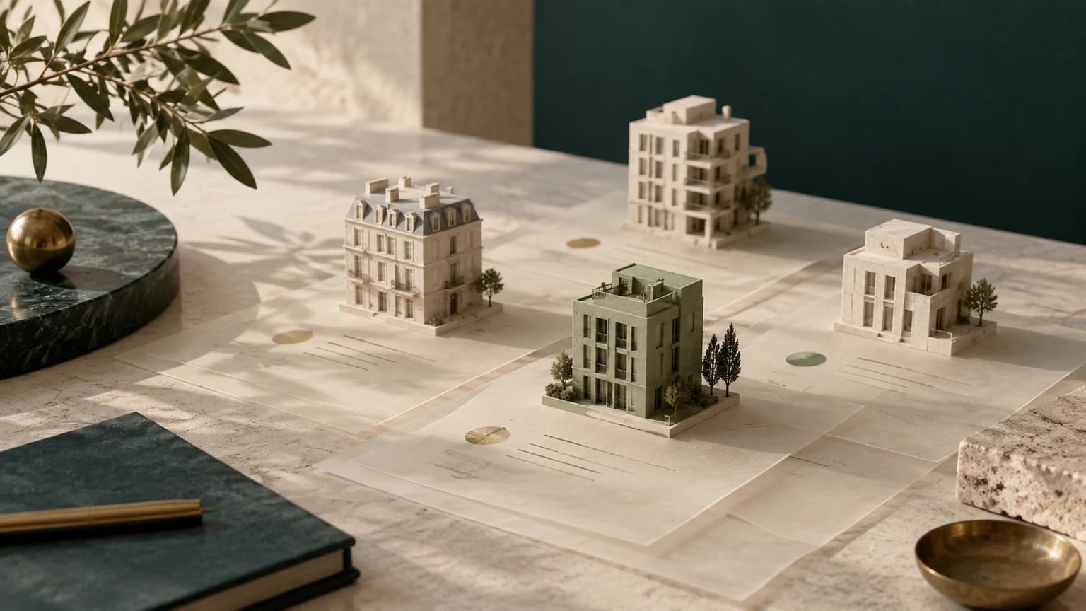 Maquettes de bâtiments sur des feuilles translucides, avec une maquette vert sauge mise en évidence.